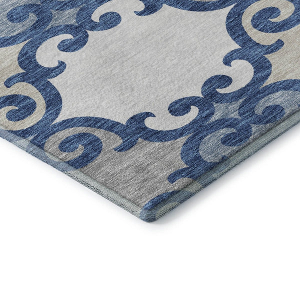 HomeRoots 10' X 14' Navy Blue Ivory Beige Trellis Area Rug - Washable, Stain Resistant, UV Protected for Homes 670207