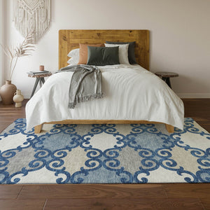 HomeRoots 10' X 14' Navy Blue Ivory Beige Trellis Area Rug - Washable, Stain Resistant, UV Protected for Homes 670207