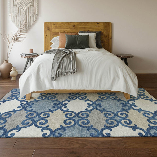 HomeRoots 10' X 14' Navy Blue Ivory Beige Trellis Area Rug - Washable, Stain Resistant, UV Protected for Homes 670207