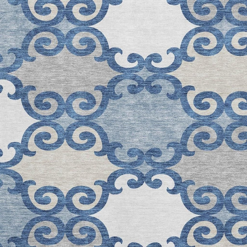 HomeRoots 10' X 14' Navy Blue Ivory Beige Trellis Area Rug - Washable, Stain Resistant, UV Protected for Homes 670207