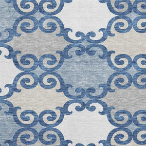 HomeRoots 10' X 14' Navy Blue Ivory Beige Trellis Area Rug - Washable, Stain Resistant, UV Protected for Homes 670207