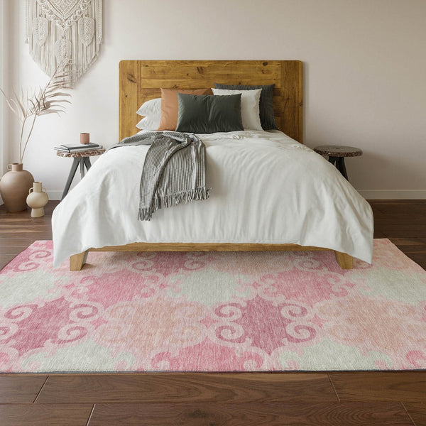 HomeRoots 5' Modern Pink Gray Silver Trellis Washable Area Rug - Durable, UV Protected for Homes with Kids & Pets 670209