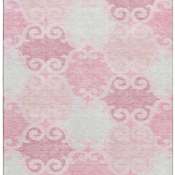 HomeRoots 5' Modern Pink Gray Silver Trellis Washable Area Rug - Durable, UV Protected for Homes with Kids & Pets 670209