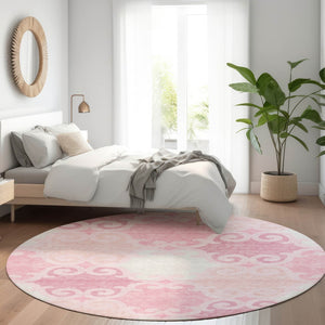 HomeRoots 8' Washable Round Rug in Pink, Gray & Silver Trellis - UV Protected, Durable for High-Traffic Homes 670210