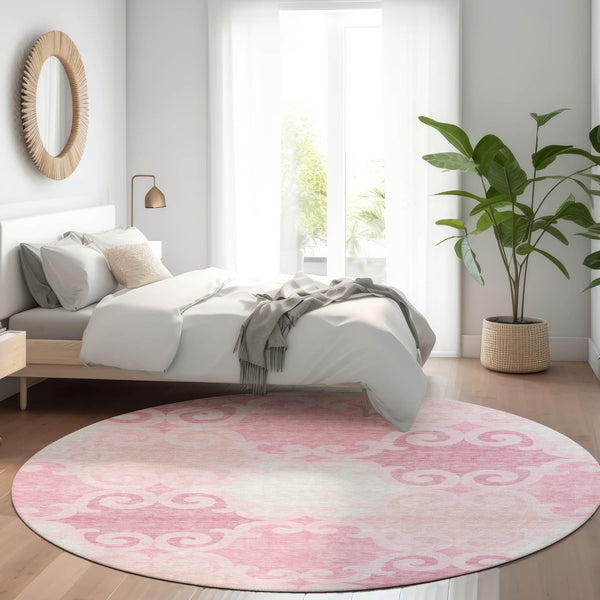 HomeRoots 8' Washable Round Rug in Pink, Gray & Silver Trellis - UV Protected, Durable for High-Traffic Homes 670210