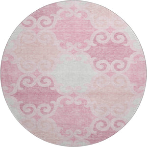 HomeRoots 8' Washable Round Rug in Pink, Gray & Silver Trellis - UV Protected, Durable for High-Traffic Homes 670210