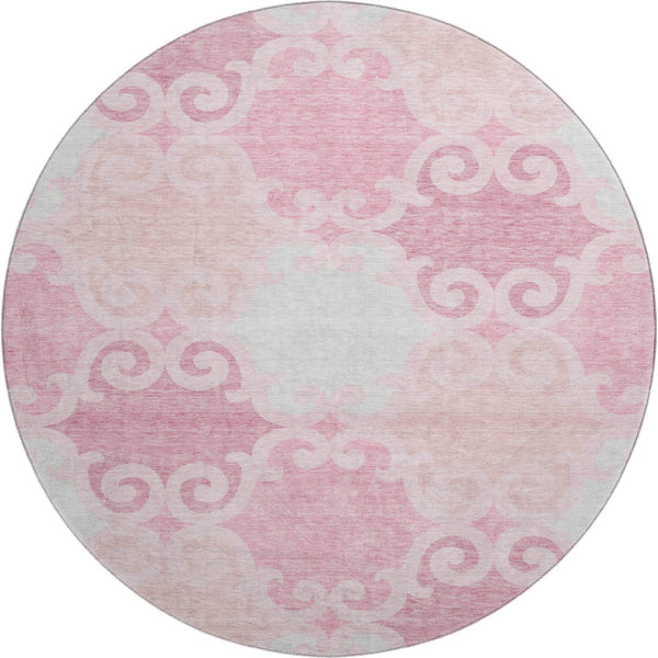 HomeRoots 8' Washable Round Rug in Pink, Gray & Silver Trellis - UV Protected, Durable for High-Traffic Homes 670210
