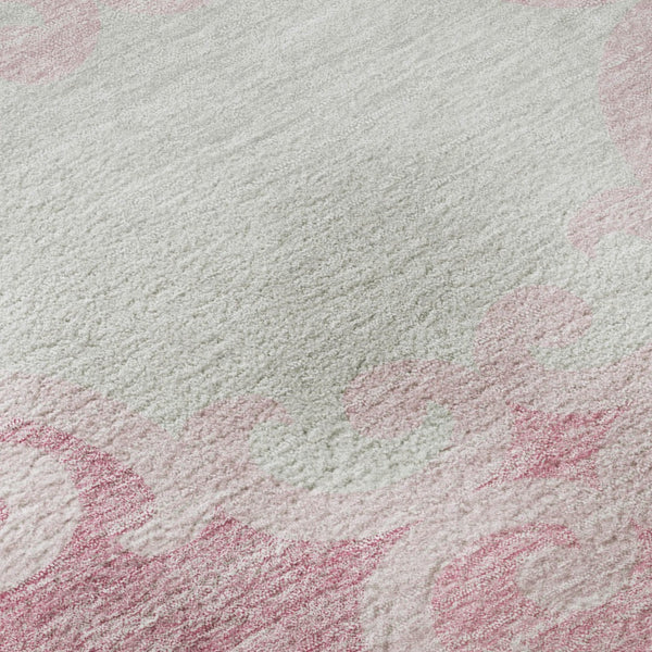 HomeRoots 8' Washable Round Rug in Pink, Gray & Silver Trellis - UV Protected, Durable for High-Traffic Homes 670210