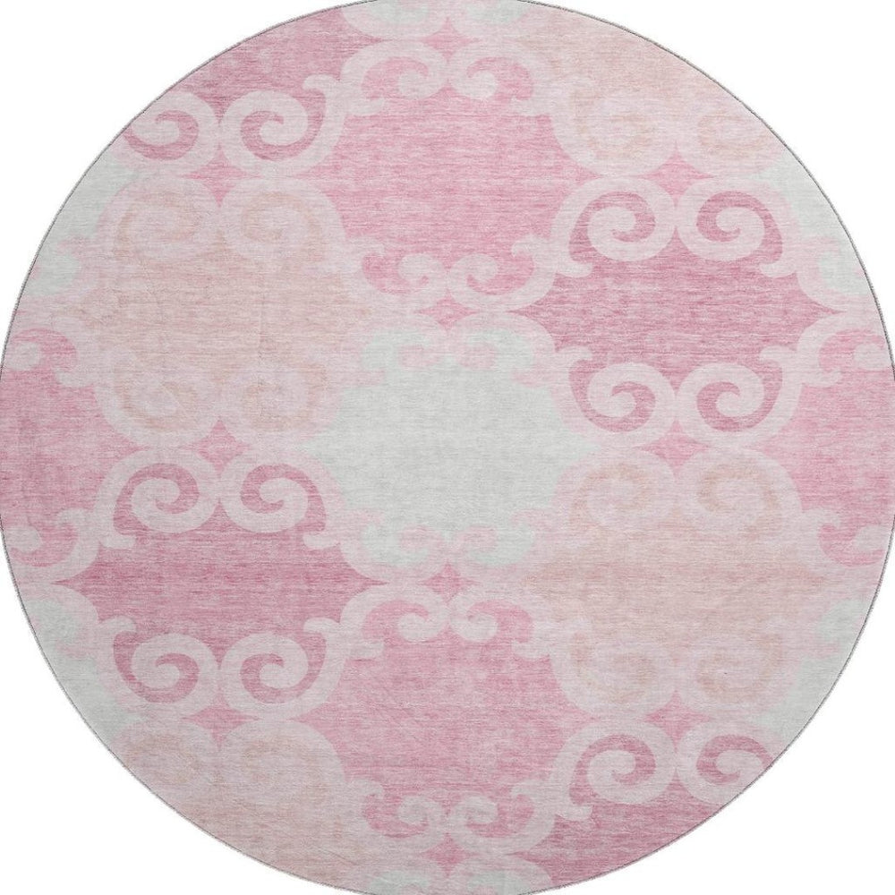 HomeRoots 8' Washable Round Rug in Pink, Gray & Silver Trellis - UV Protected, Durable for High-Traffic Homes 670210