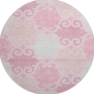 HomeRoots 8' Washable Round Rug in Pink, Gray & Silver Trellis - UV Protected, Durable for High-Traffic Homes 670210