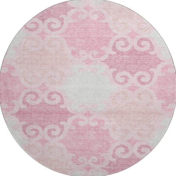 HomeRoots 8' Washable Round Rug in Pink, Gray & Silver Trellis - UV Protected, Durable for High-Traffic Homes 670210