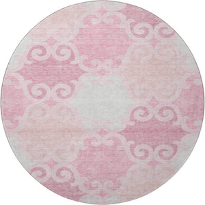 HomeRoots 8' Washable Round Rug in Pink, Gray & Silver Trellis - UV Protected, Durable for High-Traffic Homes 670210
