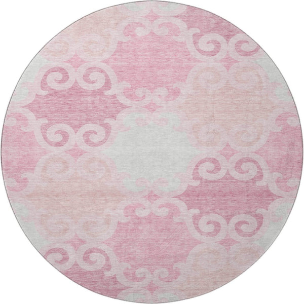 HomeRoots 8' Washable Round Rug in Pink, Gray & Silver Trellis - UV Protected, Durable for High-Traffic Homes 670210