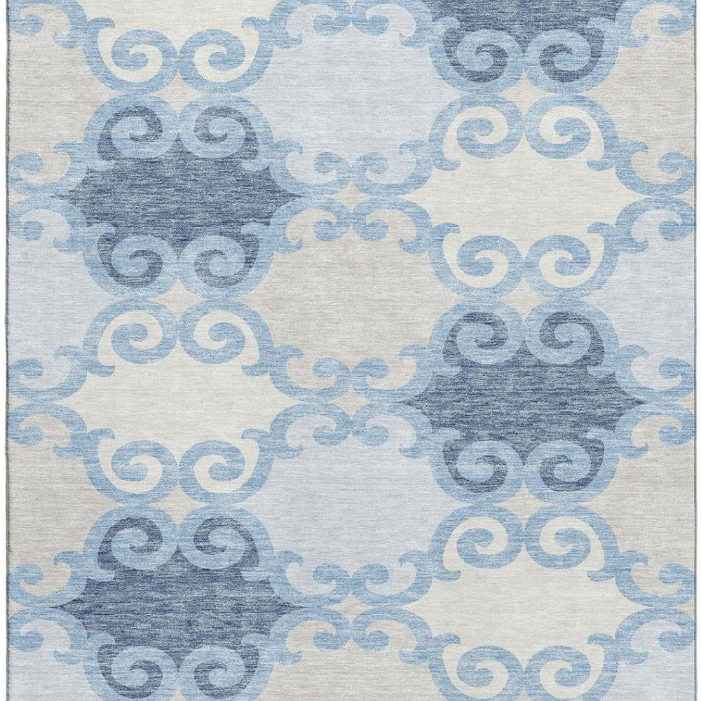 HomeRoots 5' Sky Blue Ivory Beige Trellis Washable Area Rug - UV Protected, Durable, Ideal for Busy Homes 670215