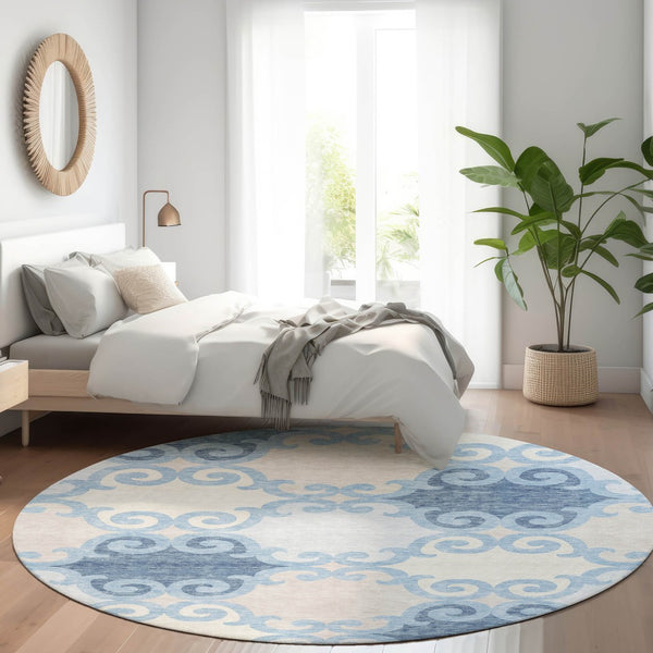 HomeRoots 8' Sky Blue Trellis Round Rug – Washable, UV-Protected, Durable for High-Traffic Areas & Family Homes 670216