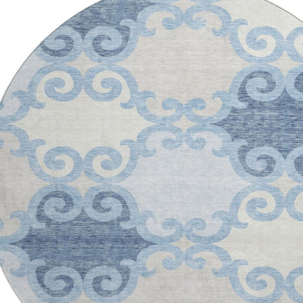 HomeRoots 8' Sky Blue Trellis Round Rug – Washable, UV-Protected, Durable for High-Traffic Areas & Family Homes 670216