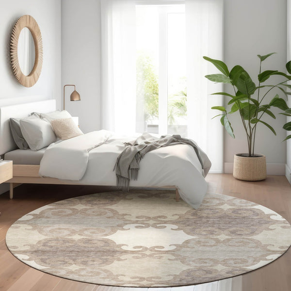 HomeRoots 8' Taupe and Beige Trellis Round Rug - Durable, Stain Resistant, UV Protected for Stylish Spaces 670222