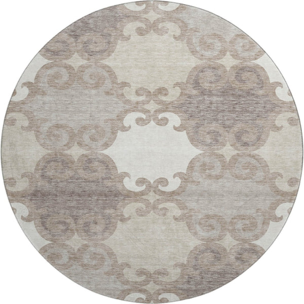 HomeRoots 8' Taupe and Beige Trellis Round Rug - Durable, Stain Resistant, UV Protected for Stylish Spaces 670222