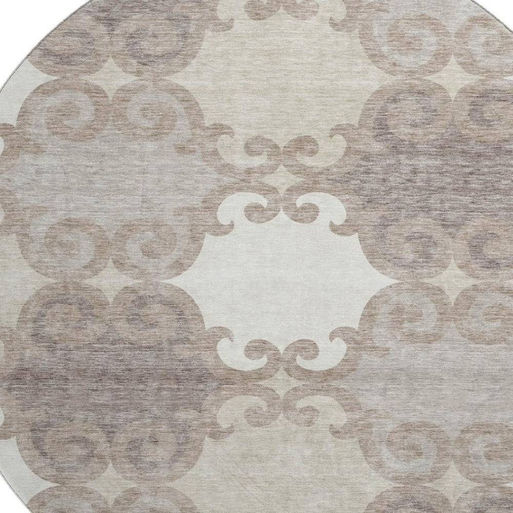HomeRoots 8' Taupe and Beige Trellis Round Rug - Durable, Stain Resistant, UV Protected for Stylish Spaces 670222