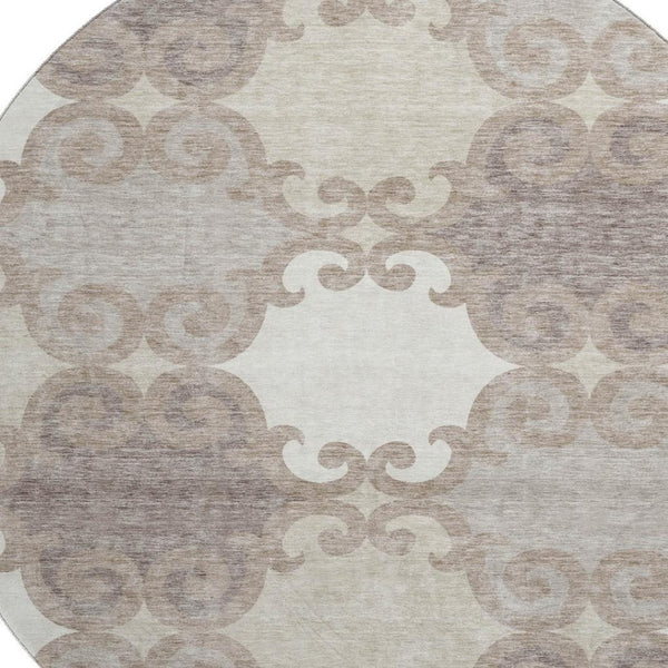HomeRoots 8' Taupe and Beige Trellis Round Rug - Durable, Stain Resistant, UV Protected for Stylish Spaces 670222