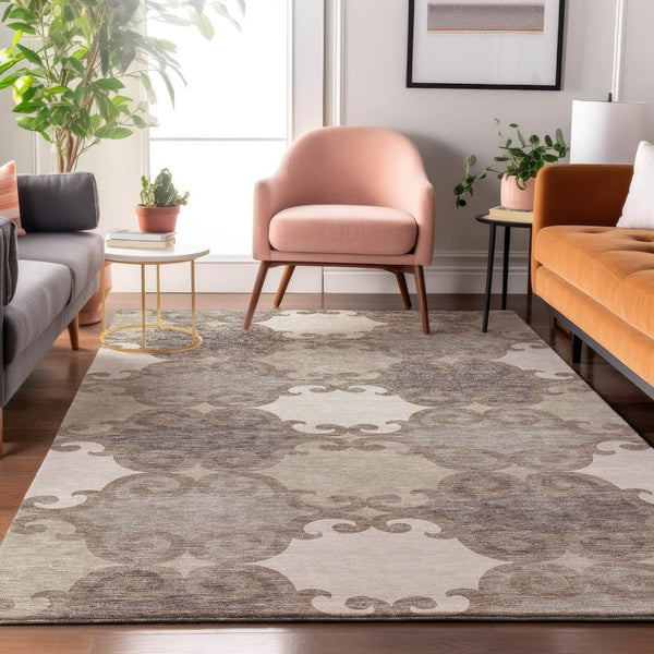 HomeRoots 9' X 12' Taupe And Beige Trellis Washable Area Rug - Durable, UV Protected for High-Traffic Spaces 670224