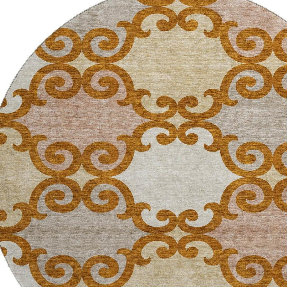 HomeRoots 8' Washable Round Trellis Rug in Terra Cotta, Beige & Gray - Durable, UV-Protected for Indoor & Outdoor Use 670228
