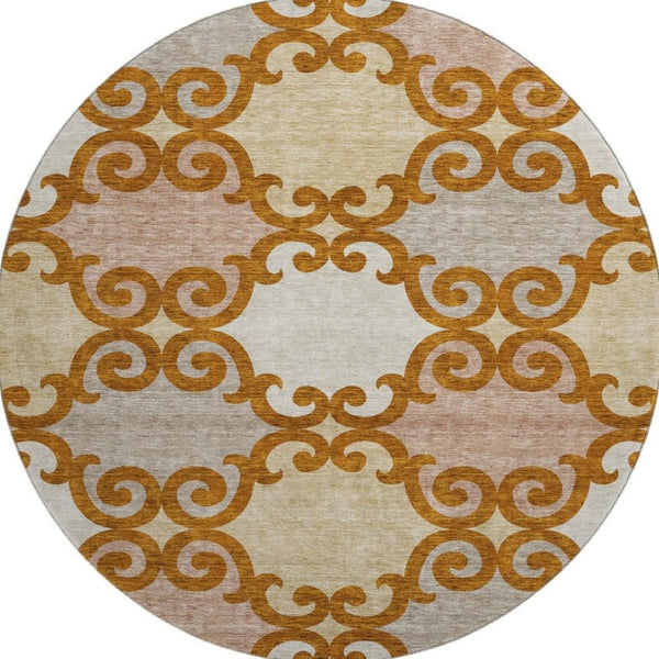 HomeRoots 8' Washable Round Trellis Rug in Terra Cotta, Beige & Gray - Durable, UV-Protected for Indoor & Outdoor Use 670228