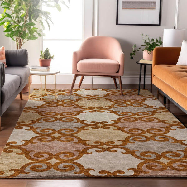 HomeRoots 8' X 10' Stylish Terra Cotta, Beige & Gray Trellis Area Rug - Washable, UV Protected & Stain Resistant 670229