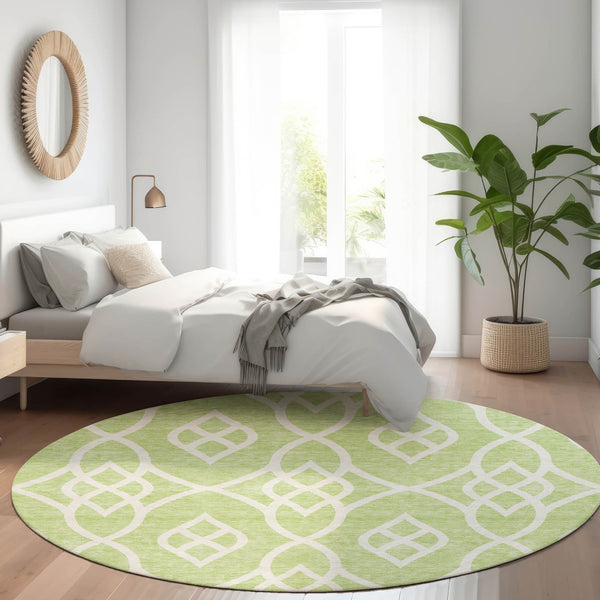 HomeRoots 8' Artichoke Green & Ivory Trellis Washable Round Rug – Durable, UV-Protected & Easy-Clean Design! 670234