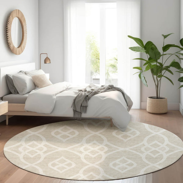 HomeRoots 8' Beige and Ivory Trellis Round Rug - Durable, Washable, UV-Protected for Stylish Living Spaces! 670240