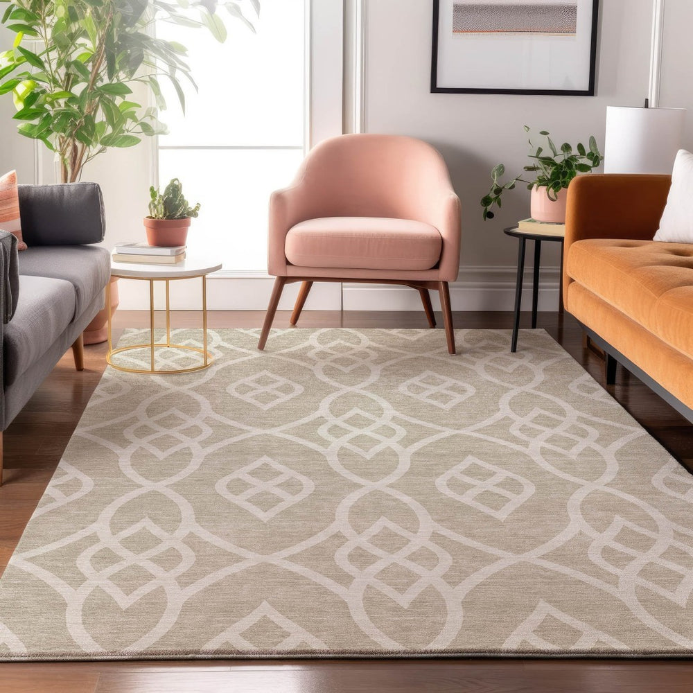 HomeRoots 9' Beige and Ivory Trellis Area Rug - Washable, Stain Resistant, UV Protected for Family Spaces 670242
