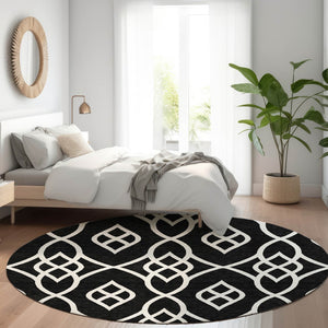 HomeRoots 8' Black And Ivory Trellis Round Rug – Washable, UV-Protected, Stain-Resistant for Busy Homes! 670246