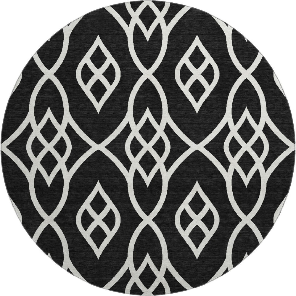 HomeRoots 8' Black And Ivory Trellis Round Rug – Washable, UV-Protected, Stain-Resistant for Busy Homes! 670246