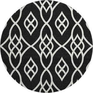 HomeRoots 8' Black And Ivory Trellis Round Rug – Washable, UV-Protected, Stain-Resistant for Busy Homes! 670246
