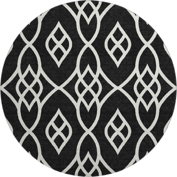 HomeRoots 8' Black And Ivory Trellis Round Rug – Washable, UV-Protected, Stain-Resistant for Busy Homes! 670246