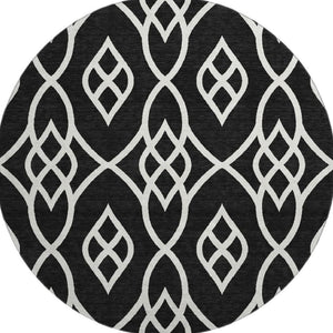 HomeRoots 8' Black And Ivory Trellis Round Rug – Washable, UV-Protected, Stain-Resistant for Busy Homes! 670246