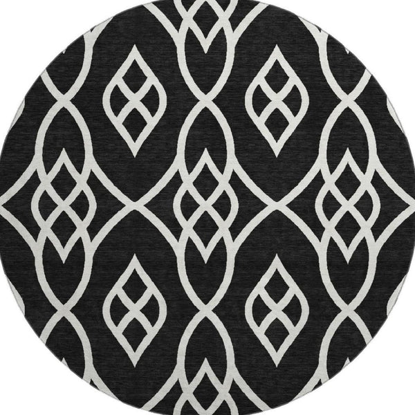 HomeRoots 8' Black And Ivory Trellis Round Rug – Washable, UV-Protected, Stain-Resistant for Busy Homes! 670246