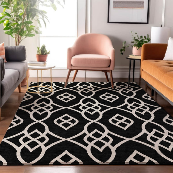 HomeRoots 9' X 12' Elegant Black And Ivory Trellis Area Rug – Washable, UV Protected, Perfect for Any Space! 670248