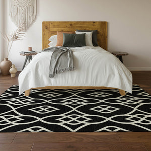 HomeRoots 9' X 12' Elegant Black And Ivory Trellis Area Rug – Washable, UV Protected, Perfect for Any Space! 670248