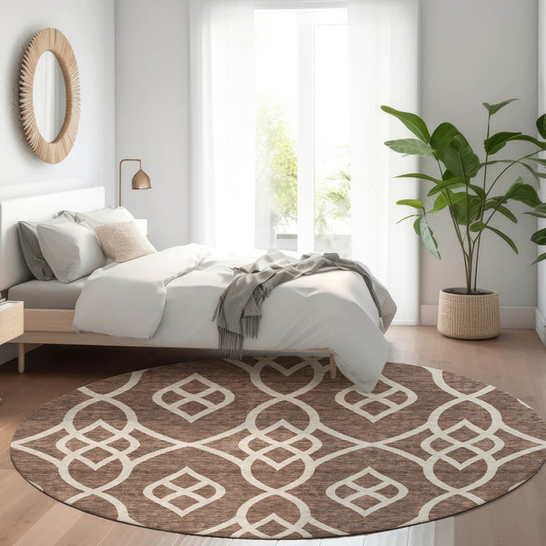 HomeRoots 8' Chocolate and Beige Trellis Washable Round Rug – Stylish, Durable, UV-Protected for Homes with Kids & Pets 670252