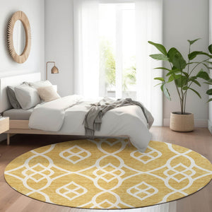 HomeRoots 8' Gold and Ivory Trellis Round Rug - Washable, UV-Protected, Durable for Homes with Kids & Pets 670258