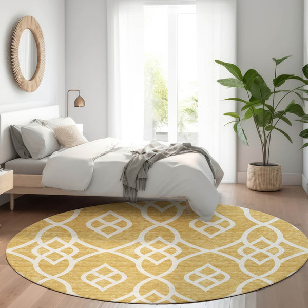 HomeRoots 8' Gold and Ivory Trellis Round Rug - Washable, UV-Protected, Durable for Homes with Kids & Pets 670258