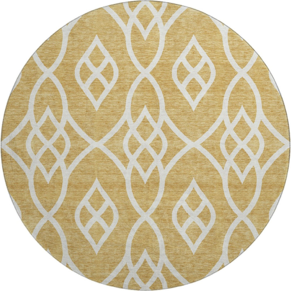 HomeRoots 8' Gold and Ivory Trellis Round Rug - Washable, UV-Protected, Durable for Homes with Kids & Pets 670258