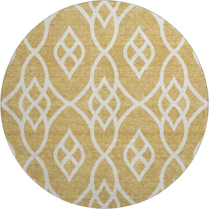 HomeRoots 8' Gold and Ivory Trellis Round Rug - Washable, UV-Protected, Durable for Homes with Kids & Pets 670258