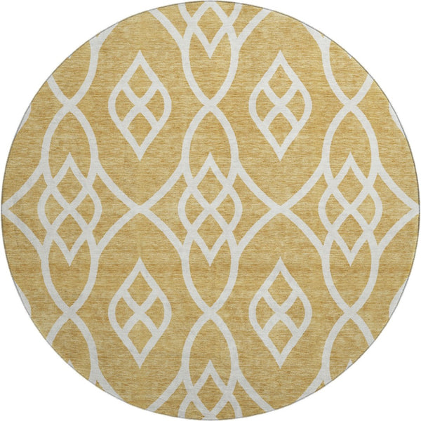 HomeRoots 8' Gold and Ivory Trellis Round Rug - Washable, UV-Protected, Durable for Homes with Kids & Pets 670258