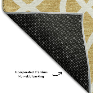 HomeRoots 8' Gold and Ivory Trellis Round Rug - Washable, UV-Protected, Durable for Homes with Kids & Pets 670258