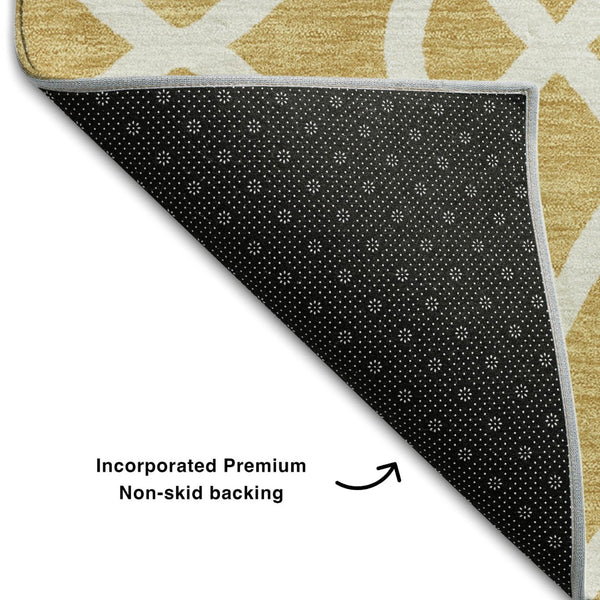 HomeRoots 8' Gold and Ivory Trellis Round Rug - Washable, UV-Protected, Durable for Homes with Kids & Pets 670258