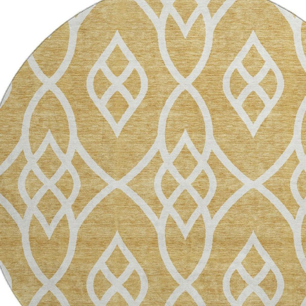 HomeRoots 8' Gold and Ivory Trellis Round Rug - Washable, UV-Protected, Durable for Homes with Kids & Pets 670258
