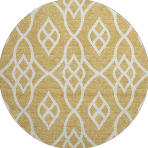HomeRoots 8' Gold and Ivory Trellis Round Rug - Washable, UV-Protected, Durable for Homes with Kids & Pets 670258