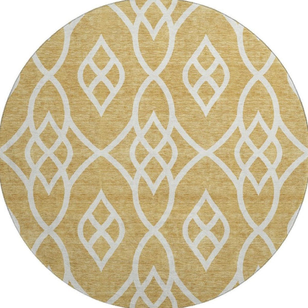 HomeRoots 8' Gold and Ivory Trellis Round Rug - Washable, UV-Protected, Durable for Homes with Kids & Pets 670258
